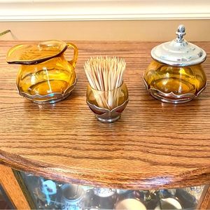 Farber Bros. Amber glass and chrome cream and sugar & matching toothpick holder